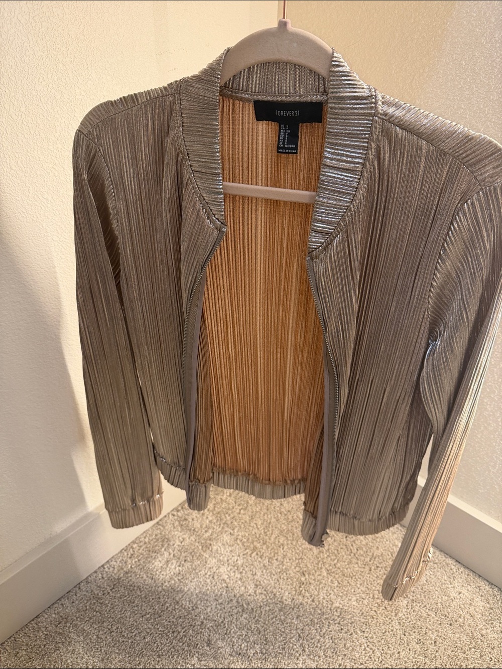 Forever 21 Metallic Pleated Bomber Jacket - Silver